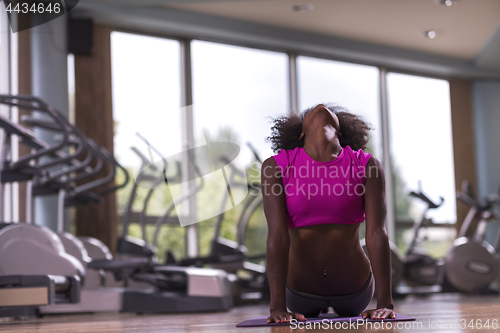 Image of african american woman exercise yoga in gym