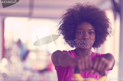 Image of woman working out in a crossfit gym with dumbbells