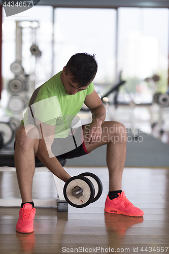 Image of handsome man working out with dumbbells