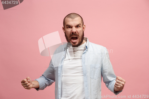 Image of The young emotional angry man screaming on pink studio background