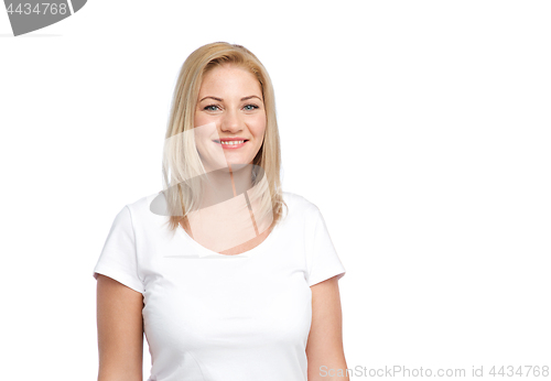 Image of happy woman in white t-shirt