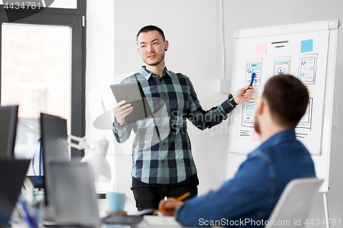 Image of man showing tablet pc to creative team at office