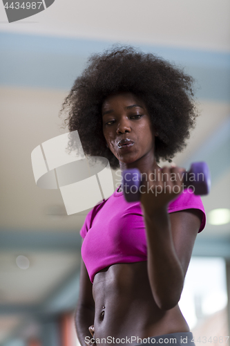 Image of woman working out in a crossfit gym with dumbbells