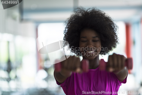 Image of woman working out in a crossfit gym with dumbbells