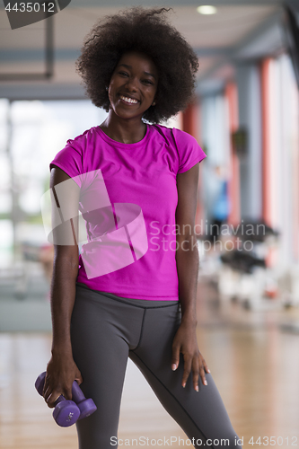 Image of woman working out in a crossfit gym with dumbbells