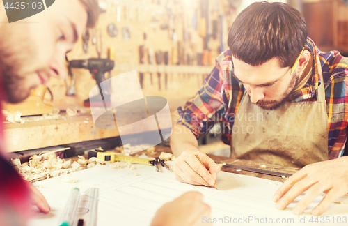 Image of carpenters with ruler and blueprint at workshop