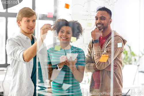 Image of creative team writing on glass board at office