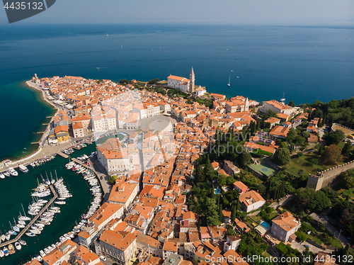 Image of Aerial view of old town Piran, Slovenia, Europe. Summer vacations tourism concept background.