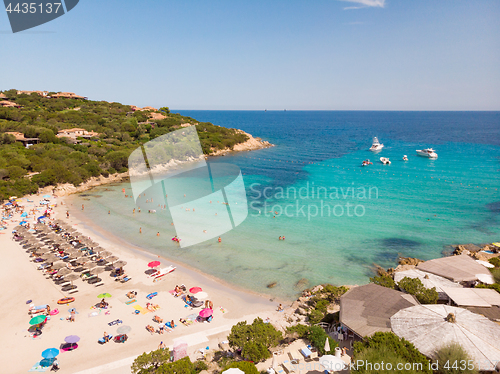 Image of Wonderful blue colors of the sea of Cala Granu beach, bay near Porto Cervo in Costa Smeralda, Sardinia, Italy.