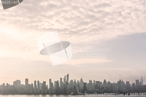 Image of New York City midtown Manhattan skyline panorama view from Boulevard East Old Glory Park over Hudson River.