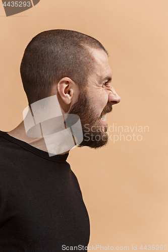 Image of The young emotional angry, crazy man on pastel studio background