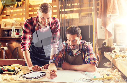 Image of workmen with tablet pc and blueprint at workshop