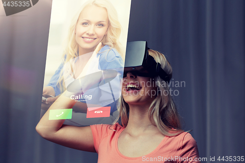 Image of woman in virtual reality headset or 3d glasses