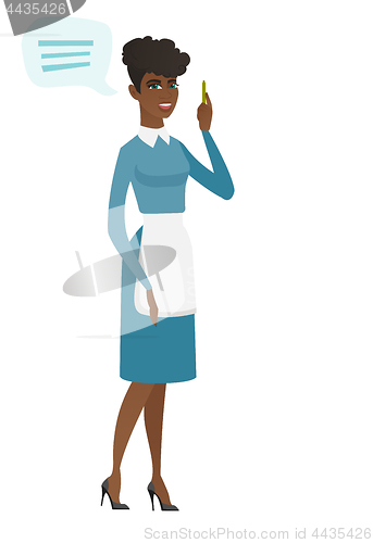 Image of Young african cleaner with speech bubble.