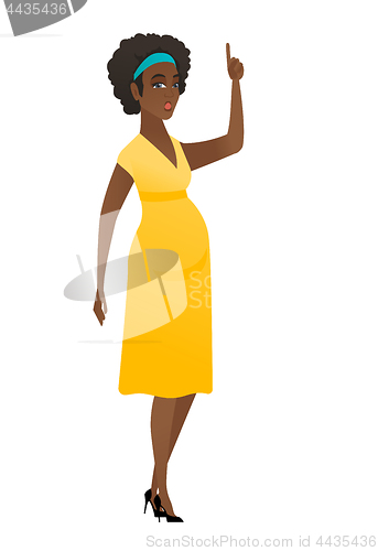 Image of Pregnant woman with open mouth pointing finger up.