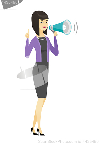 Image of Asian business woman talking into loudspeaker.