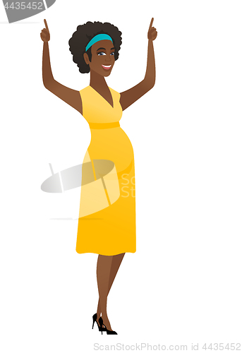 Image of Pregnant woman standing with raised arms up.