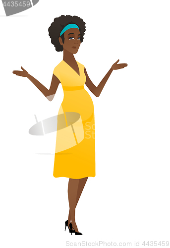 Image of African confused pregnant woman with spread arms