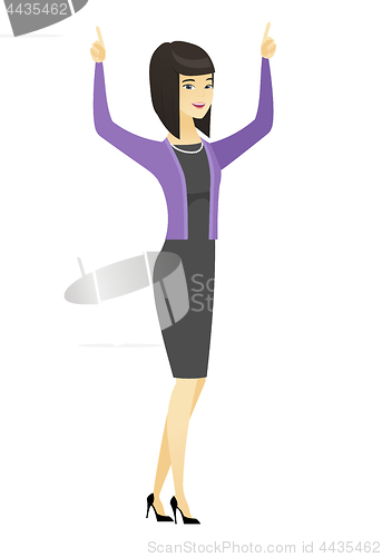 Image of Business woman standing with raised arms up.