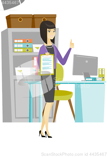 Image of Business woman with clipboard giving thumb up.