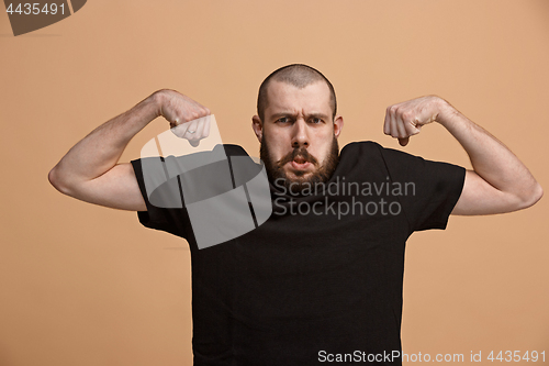 Image of Strong businessman concept. Business man showing muscular hands