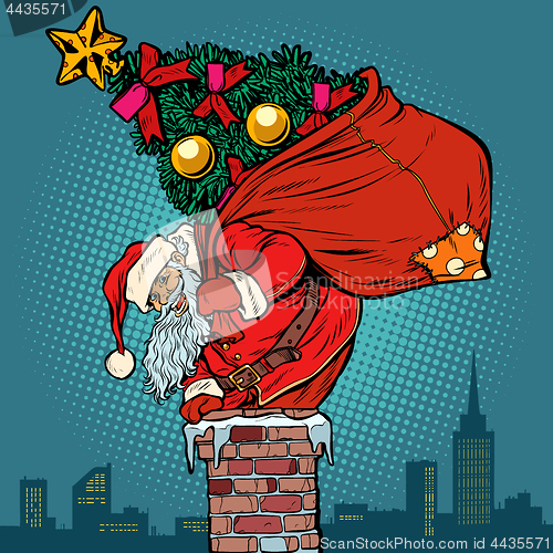 Image of Santa Claus with a Christmas tree in a bag climbs the chimney