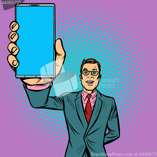 Image of businessman shows a smartphone