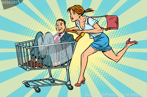 Image of woman bought a groom, shopping cart trolley sale