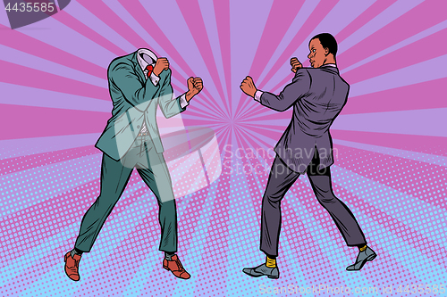 Image of Two men businessman fighting. Pattern without head. African Amer