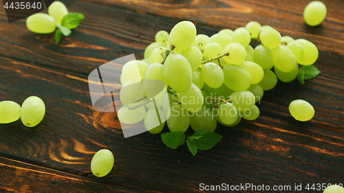 Image of Grapes on branch on dark table 