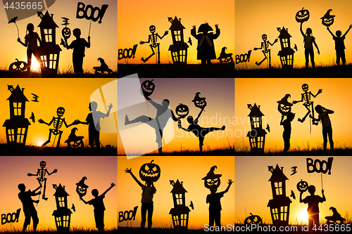 Image of Collage of happy family playing outdoors 