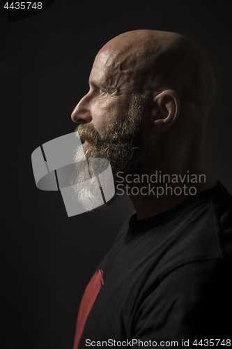 Image of a bearded man with a bald head side view and dark background