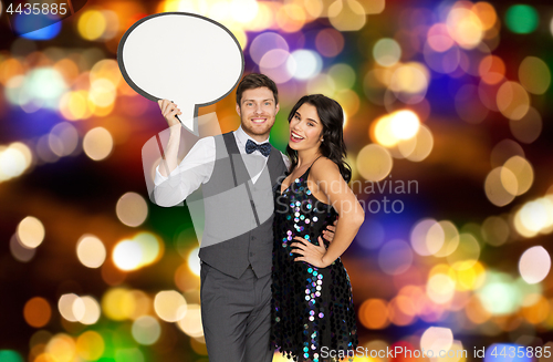 Image of couple with text bubble over party lights 