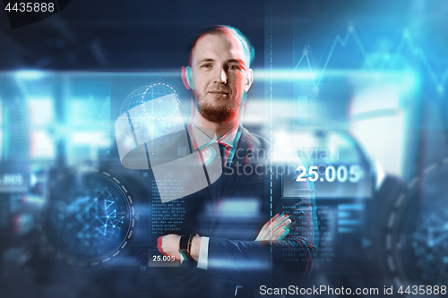 Image of close up of businessman with virtual screens