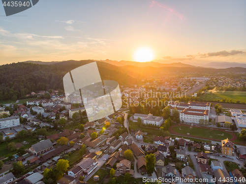 Image of Aerial view Sentvid District of Ljubljana, capital of Slovenia at sunset.