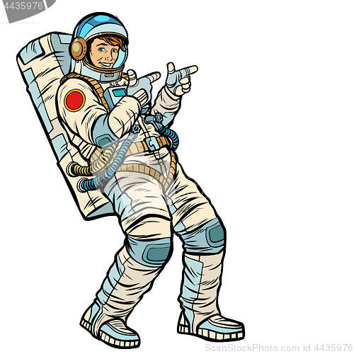 Image of Astronaut young man points. isolate on a white background