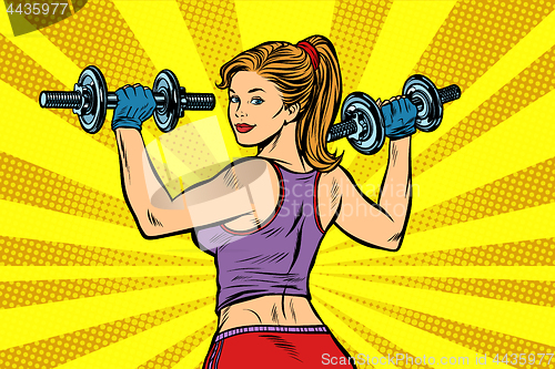 Image of Pop art Sporty woman with dumbbells