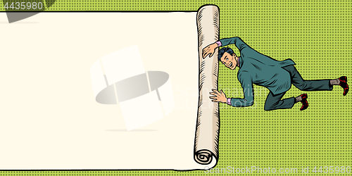 Image of man unfolds folds paper background copy space