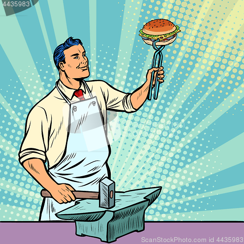 Image of Cook blacksmith forges a Burger on the anvil