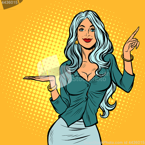 Image of beautiful woman presents gesture