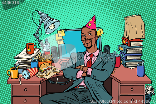 Image of pop art African businessman birthday, working place