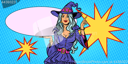 Image of Beautiful woman in Halloween witch costume. holiday background