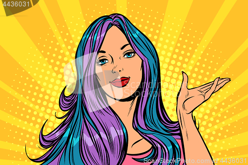 Image of beautiful woman presents gesture