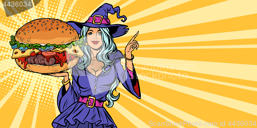 Image of Halloween witch presents holiday burger