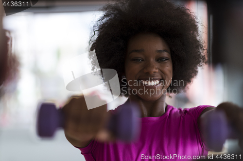 Image of woman working out in a crossfit gym with dumbbells