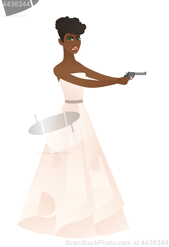 Image of Bride in a white wedding dress holding a handgun.