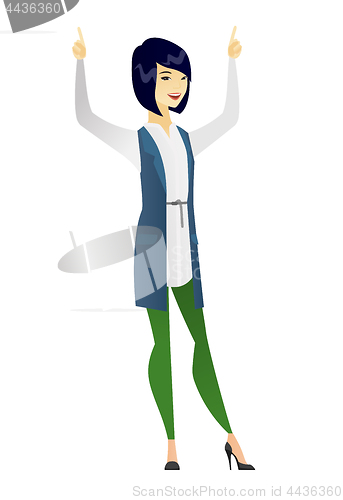Image of Business woman standing with raised arms up.