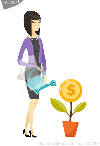 Image of Woman watering money flower vector illustration.