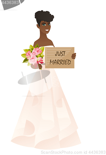 Image of Bride holding a plate with text just married.