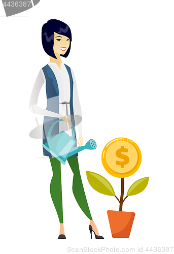 Image of Woman watering money flower vector illustration.